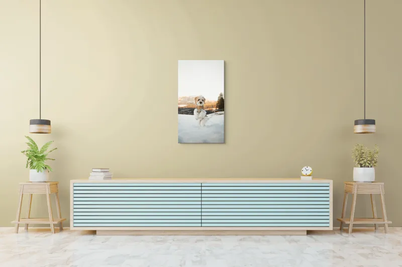 Tablou Canvas, "Cățel jucăuș în zăpadă alpină", 50 x 90 cm – poza 6