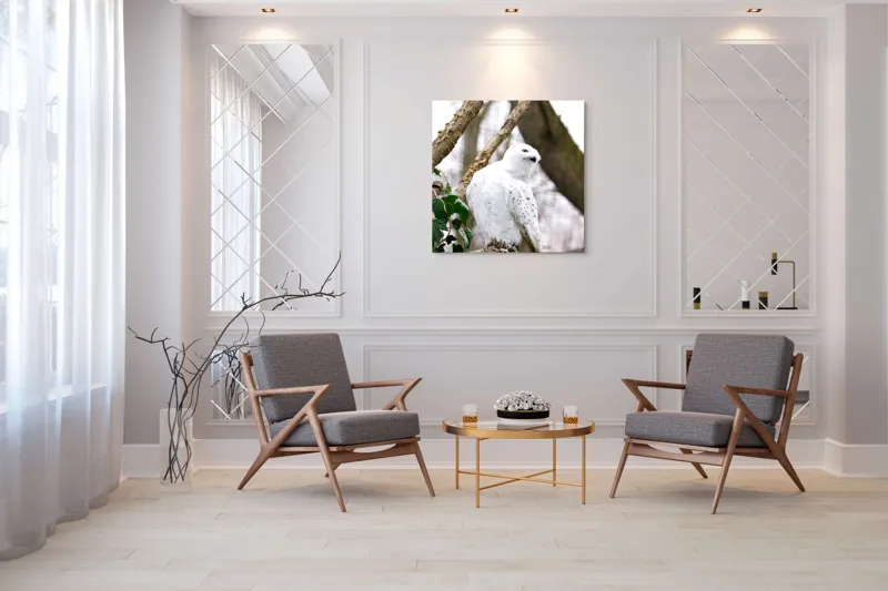 Tablou Canvas, "Bufnița polară pe o ramură uscată", Bufniță, Albă, Majestică, Ramură, Frunze, Ochi, Pană, Natural, Pădure, Observație, 100 x 100 cm – poza 7