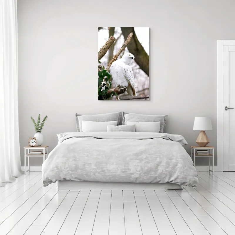 Tablou Canvas, "Bufnița polară pe o ramură uscată", Bufniță, Albă, Majestică, Ramură, Frunze, Ochi, Pană, Natural, Pădure, Observație, 70 x 100 cm – poza 3