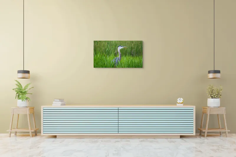 Tablou Canvas, "Egreta în iarba verde smarald", Albastru, Elegant, Stuf, Natura, Pasare, Serenitate, Verde., 90 x 50 cm – poza 5