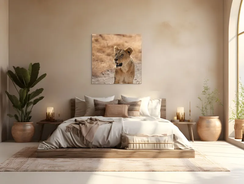 Tablou Canvas, "Leoaica în savana africană pășind agale", 100 x 100 cm – poza 4
