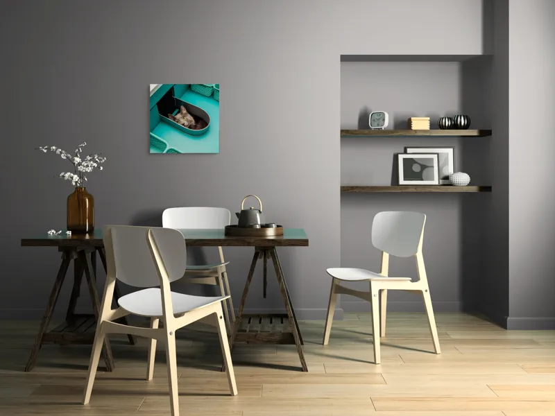 Tablou Canvas, "Pisica ascunsă în sertarul teal", Pisică, Ochi, Curioasă, Cutie, Verde, Blană, Uimită, Haioasă, 50 x 50 cm – poza 8