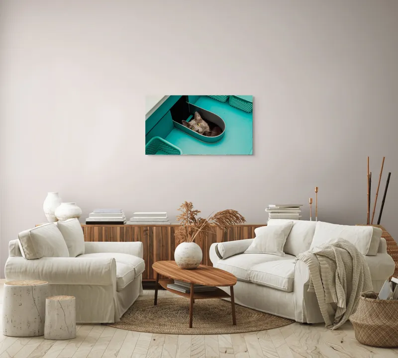 Tablou Canvas, "Pisica ascunsă în sertarul teal", Pisică, Ochi, Curioasă, Cutie, Verde, Blană, Uimită, Haioasă, 90 x 50 cm – poza 4