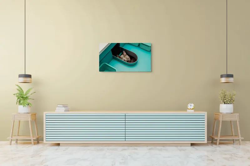 Tablou Canvas, "Pisica ascunsă în sertarul teal", Pisică, Ochi, Curioasă, Cutie, Verde, Blană, Uimită, Haioasă, 90 x 50 cm – poza 5