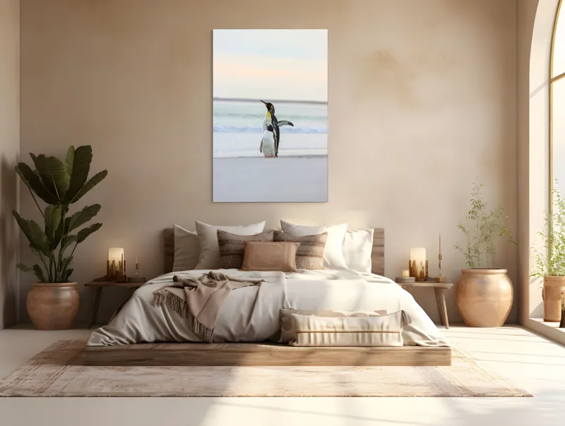 Tablou Canvas, "Regii gheții pe plajă
", Pinguini, Plajă, Ocean, Aurore, Cer, Aripi, Nisip, Apă, 100 x 150 cm – poza 3