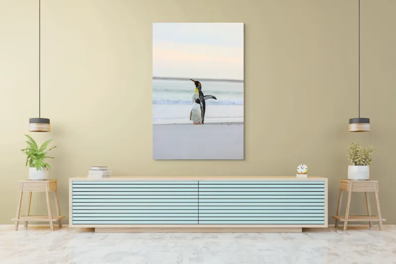 Tablou Canvas, "Regii gheții pe plajă
", Pinguini, Plajă, Ocean, Aurore, Cer, Aripi, Nisip, Apă, 100 x 150 cm – poza 4