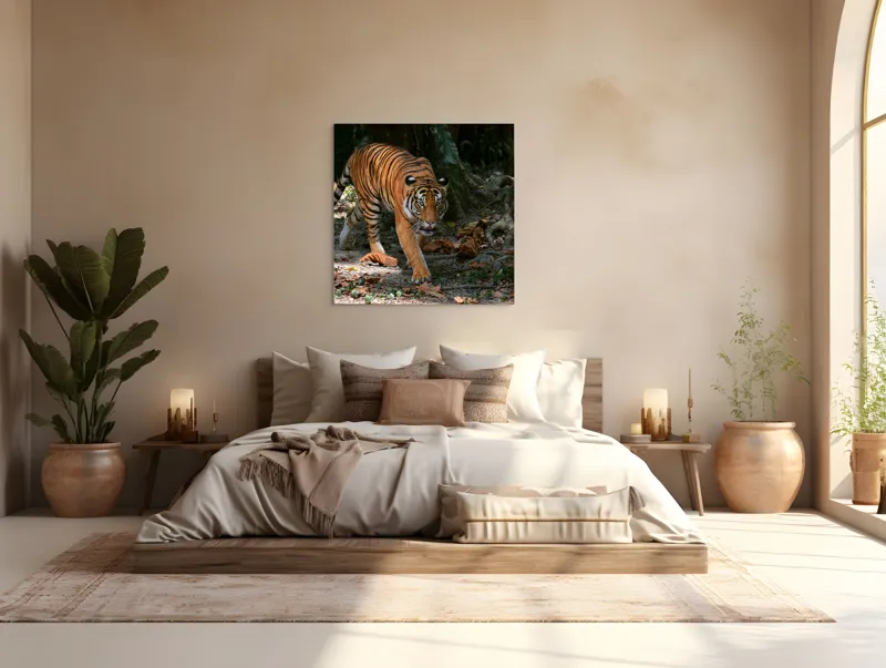 Tablou Canvas, "Tigru pășind prin frunziș auriu", Majestic, Stealthy, Powerful, Striped, Intense, 100 x 100 cm – poza 4
