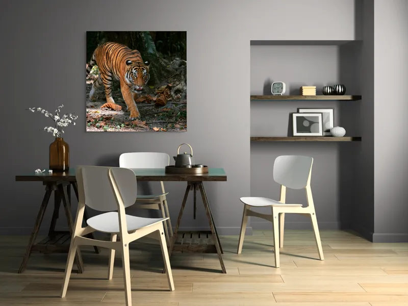 Tablou Canvas, "Tigru pășind prin frunziș auriu", Majestic, Stealthy, Powerful, Striped, Intense, 100 x 100 cm – poza 6
