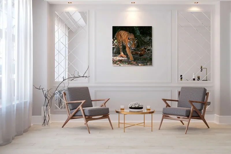 Tablou Canvas, "Tigru pășind prin frunziș auriu", Majestic, Stealthy, Powerful, Striped, Intense, 100 x 100 cm – poza 7