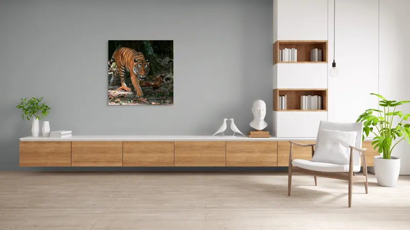 Tablou Canvas, "Tigru pășind prin frunziș auriu", Majestic, Stealthy, Powerful, Striped, Intense, 100 x 100 cm – poza 8