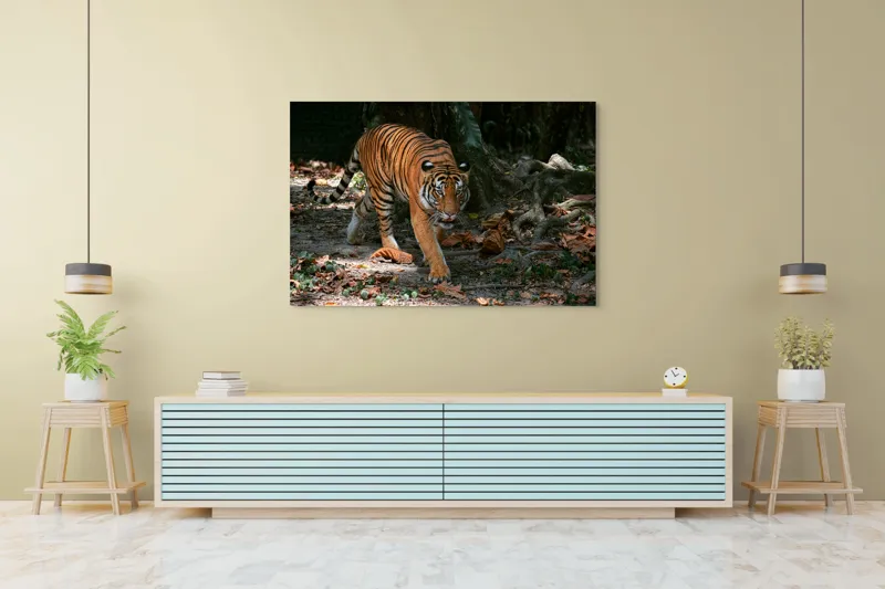 Tablou Canvas, "Tigru pășind prin frunziș auriu", Majestic, Stealthy, Powerful, Striped, Intense, 150 x 100 cm – poza 6