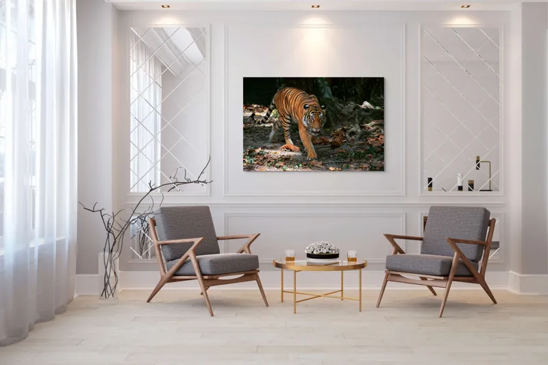 Tablou Canvas, "Tigru pășind prin frunziș auriu", Majestic, Stealthy, Powerful, Striped, Intense, 150 x 100 cm – poza 7