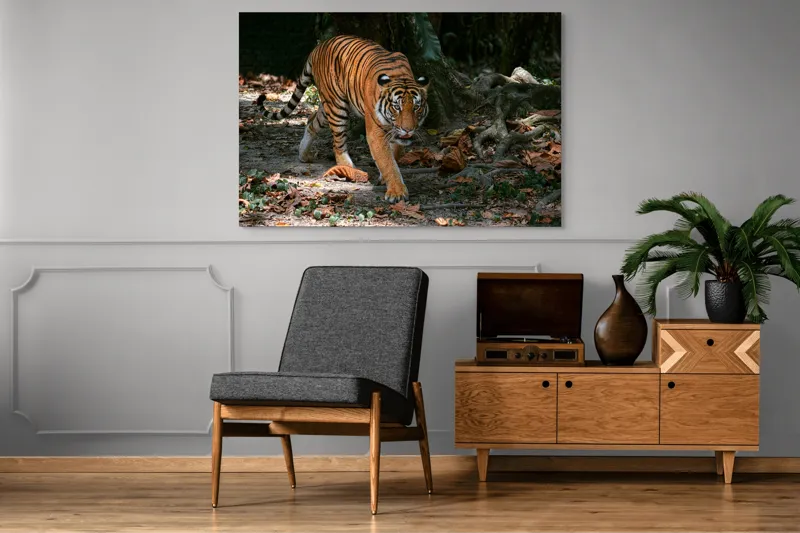 Tablou Canvas, "Tigru pășind prin frunziș auriu", Majestic, Stealthy, Powerful, Striped, Intense, 150 x 100 cm – poza 8