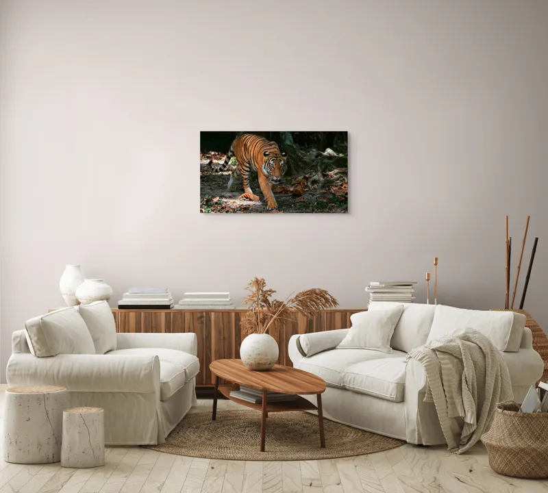 Tablou Canvas, "Tigru pășind prin frunziș auriu", Majestic, Stealthy, Powerful, Striped, Intense, 90 x 50 cm – poza 4