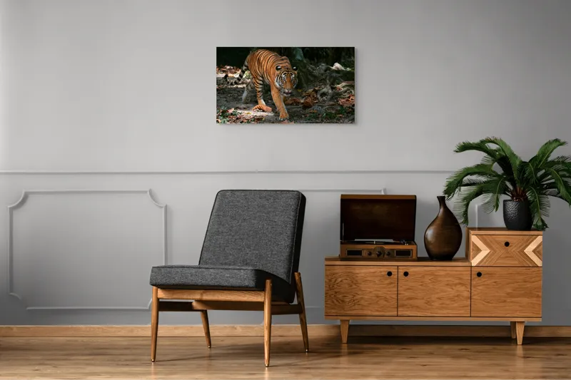 Tablou Canvas, "Tigru pășind prin frunziș auriu", Majestic, Stealthy, Powerful, Striped, Intense, 90 x 50 cm – poza 6