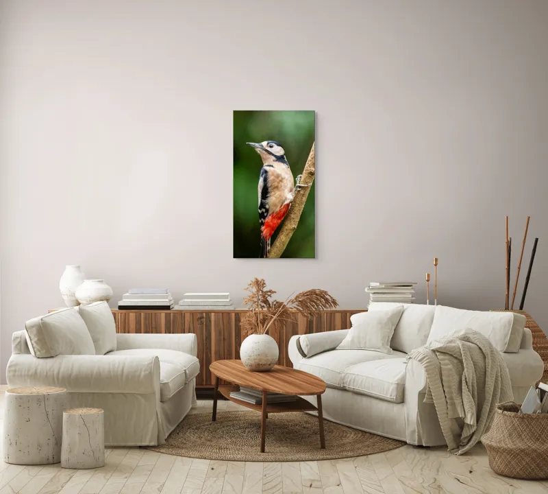 Tablou Canvas, "Ciocănitoarea în pădurea de smarald", Pene, Cioc, Coadă, Tată, Copac, Verde, Natură, Frumusețe, Păsăre, Măiestrie, 50 x 90 cm – poza 7