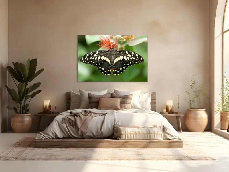 Tablou Canvas, "Fluturele contrastelor vii pe floare", Fluture, Aripi, Pestriț, Nectar, Natură, Delicatețe, Culori, Simetrie, 150 x 100 cm – poza 4