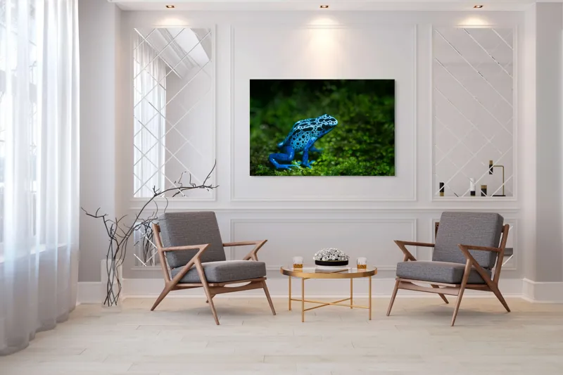 Tablou Canvas, "Broasca albastră în pădurea tropicală", Broască, Albastră, Textură, Pădure, Verde, Vibrantă, Natură, 150 x 100 cm – poza 7