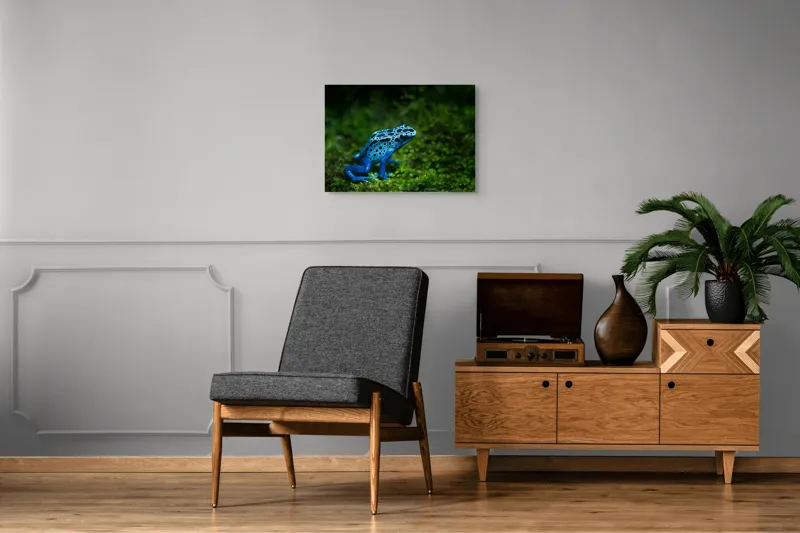 Tablou Canvas, "Broasca albastră în pădurea tropicală", Broască, Albastră, Textură, Pădure, Verde, Vibrantă, Natură, 70 x 50 cm – poza 4