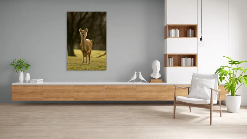 Tablou Canvas, "Căprioara în lumina pădurii toamna", Deer, Forest, Graceful, Alert, Serene, Nature, Peaceful, Woodland, 100 x 150 cm – poza 8