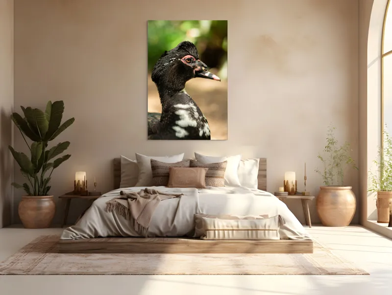 Tablou Canvas, "Penele elegante ale raței colorate", Pene, Cioc, Ochi, Verdeață, Detalii, Lumini, Texturi, Zvelt, Profil, 100 x 150 cm – poza 3