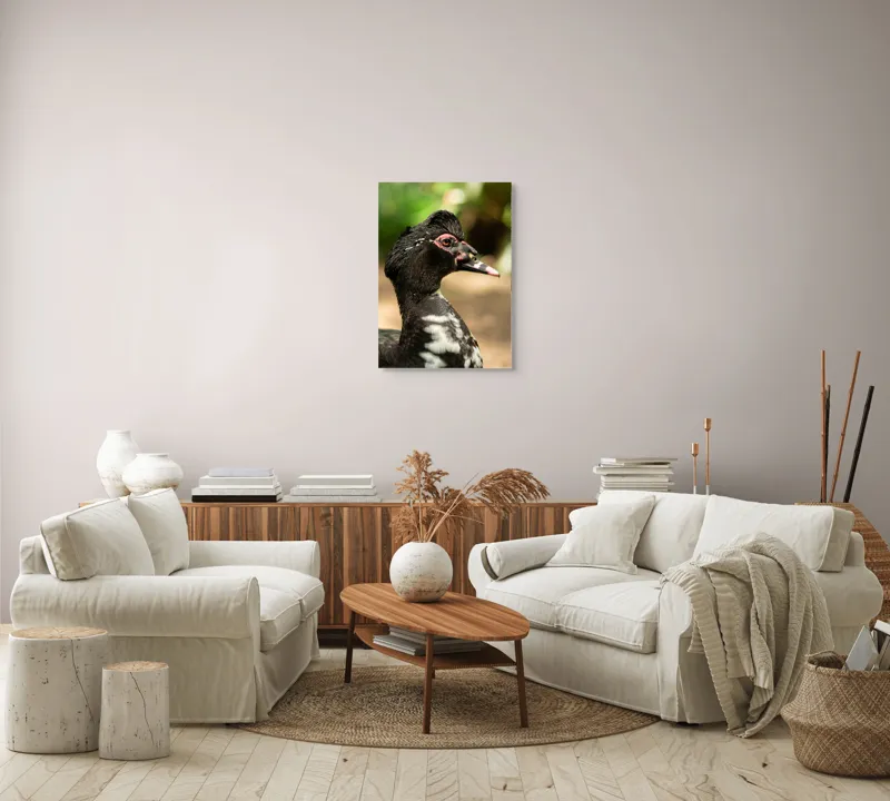 Tablou Canvas, "Penele elegante ale raței colorate", Pene, Cioc, Ochi, Verdeață, Detalii, Lumini, Texturi, Zvelt, Profil, 50 x 70 cm – poza 4