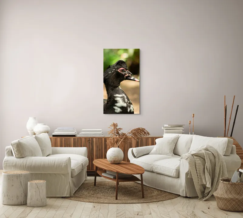 Tablou Canvas, "Penele elegante ale raței colorate", Pene, Cioc, Ochi, Verdeață, Detalii, Lumini, Texturi, Zvelt, Profil, 50 x 90 cm – poza 7