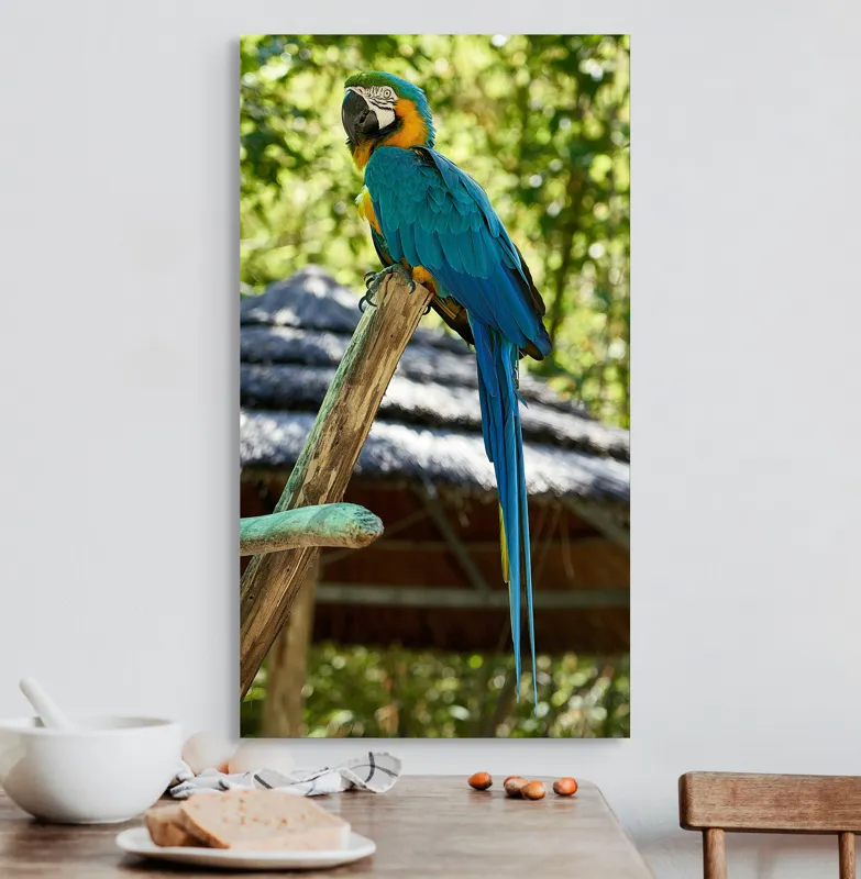 Tablou Canvas, "Papagal albastru în natură tropicală", Papagal, Albastru, Pene, Coada, Cioc, Lemn, Tufisuri, Acoperis, 50 x 90 cm – poza 3