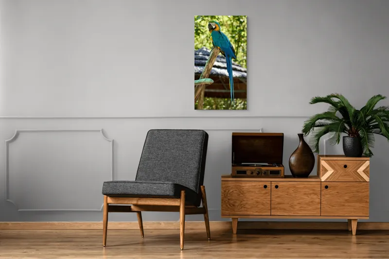 Tablou Canvas, "Papagal albastru în natură tropicală", Papagal, Albastru, Pene, Coada, Cioc, Lemn, Tufisuri, Acoperis, 50 x 90 cm – poza 8