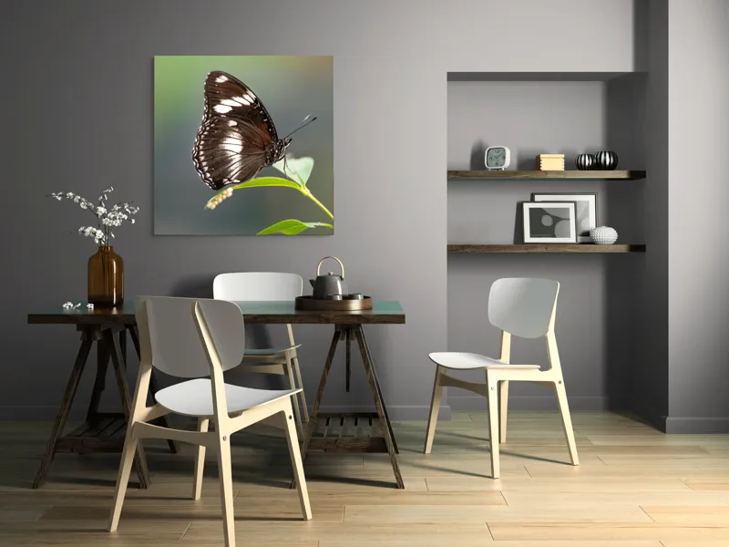 Tablou Canvas, "Fluture elegant pe frunză verde", Fluture, Aripi, Negru, Alb, Delicat, Frunză, Verde, Echilibru, Natură, Fragilitate, 100 x 100 cm – poza 6