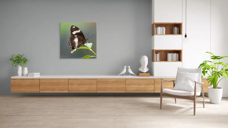 Tablou Canvas, "Fluture elegant pe frunză verde", Fluture, Aripi, Negru, Alb, Delicat, Frunză, Verde, Echilibru, Natură, Fragilitate, 100 x 100 cm – poza 8