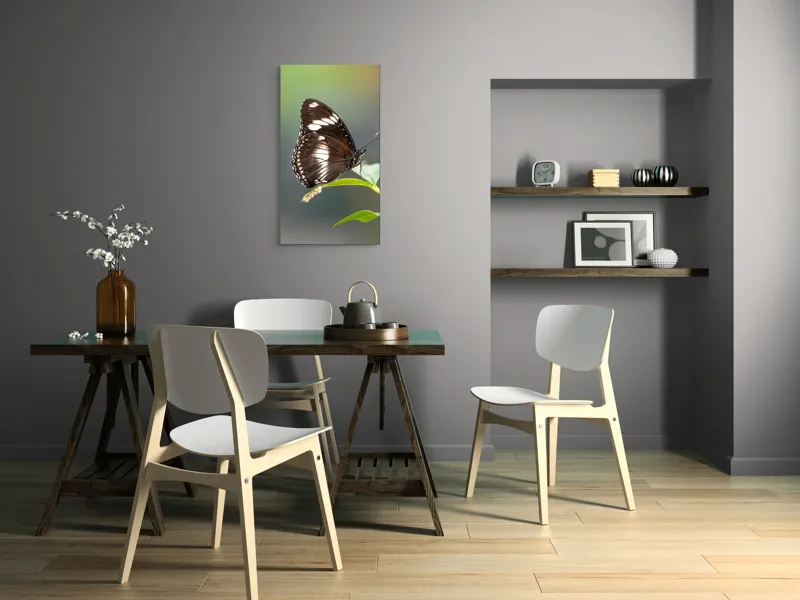 Tablou Canvas, "Fluture elegant pe frunză verde", Fluture, Aripi, Negru, Alb, Delicat, Frunză, Verde, Echilibru, Natură, Fragilitate, 50 x 90 cm – poza 4