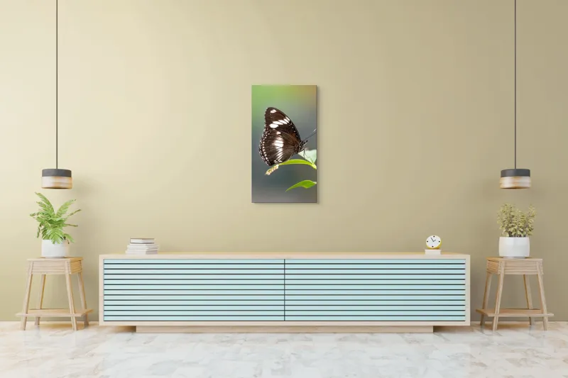 Tablou Canvas, "Fluture elegant pe frunză verde", Fluture, Aripi, Negru, Alb, Delicat, Frunză, Verde, Echilibru, Natură, Fragilitate, 50 x 90 cm – poza 6