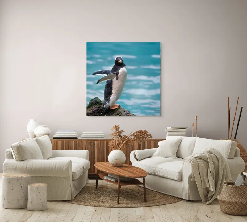 Tablou Canvas, "Pinguinul pe stâncă lângă apă", Pinguin, Ocean, Valuri, Piatra, Nature, Libertate, Frumusețe, Apă, Serenitate, Eleganță, 100 x 100 cm – poza 3