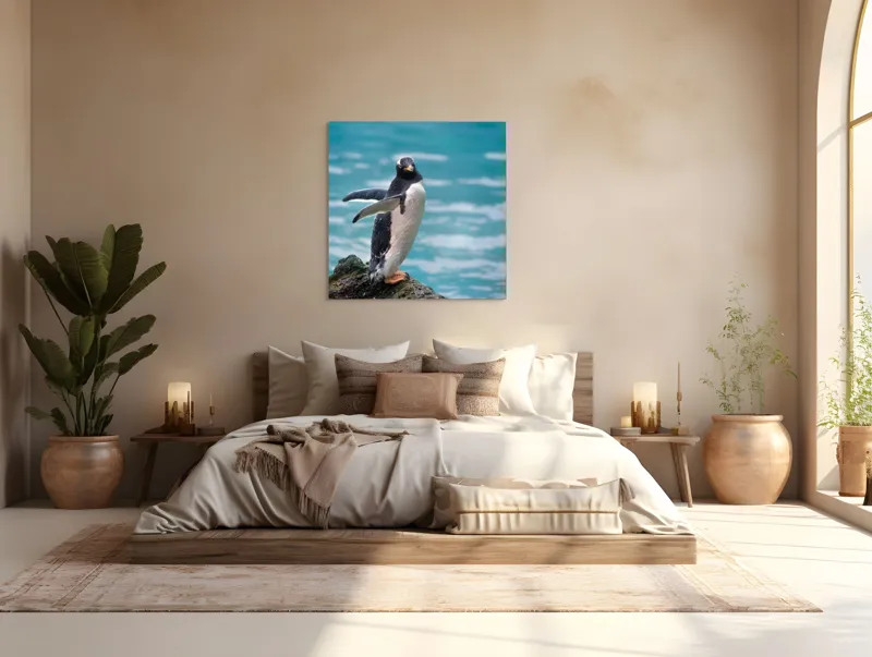 Tablou Canvas, "Pinguinul pe stâncă lângă apă", Pinguin, Ocean, Valuri, Piatra, Nature, Libertate, Frumusețe, Apă, Serenitate, Eleganță, 100 x 100 cm – poza 4