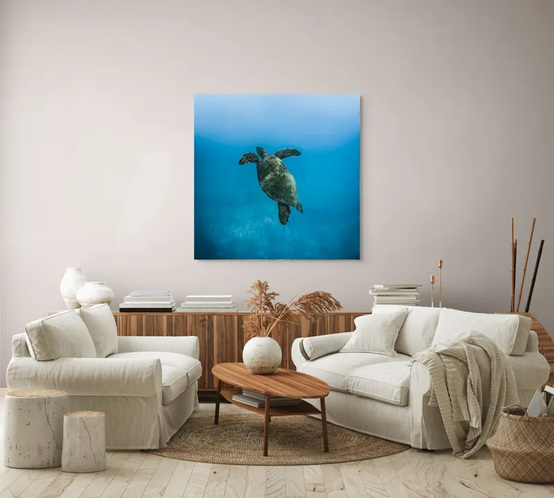 Tablou Canvas, "Turtle dansând în adâncuri albastre", Testoasă, Ocean, Albastru, Liniște, Majestuos, Natură, Subacvatic, Libertate, Grație, Splendoare, 100 x 100 cm – poza 3