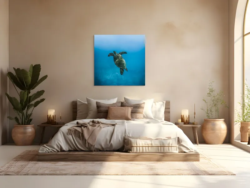 Tablou Canvas, "Turtle dansând în adâncuri albastre", Testoasă, Ocean, Albastru, Liniște, Majestuos, Natură, Subacvatic, Libertate, Grație, Splendoare, 100 x 100 cm – poza 4