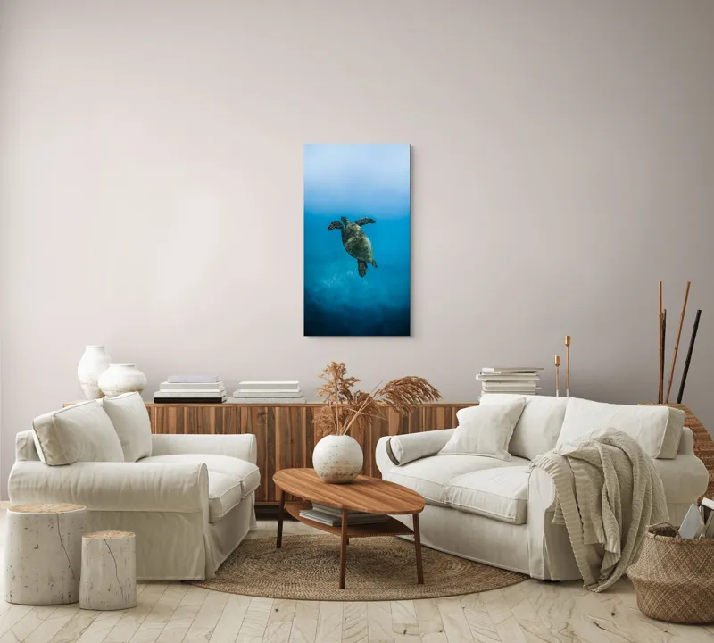 Tablou Canvas, "Turtle dansând în adâncuri albastre", Testoasă, Ocean, Albastru, Liniște, Majestuos, Natură, Subacvatic, Libertate, Grație, Splendoare, 50 x 90 cm – poza 7