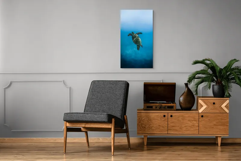 Tablou Canvas, "Turtle dansând în adâncuri albastre", Testoasă, Ocean, Albastru, Liniște, Majestuos, Natură, Subacvatic, Libertate, Grație, Splendoare, 50 x 90 cm – poza 8