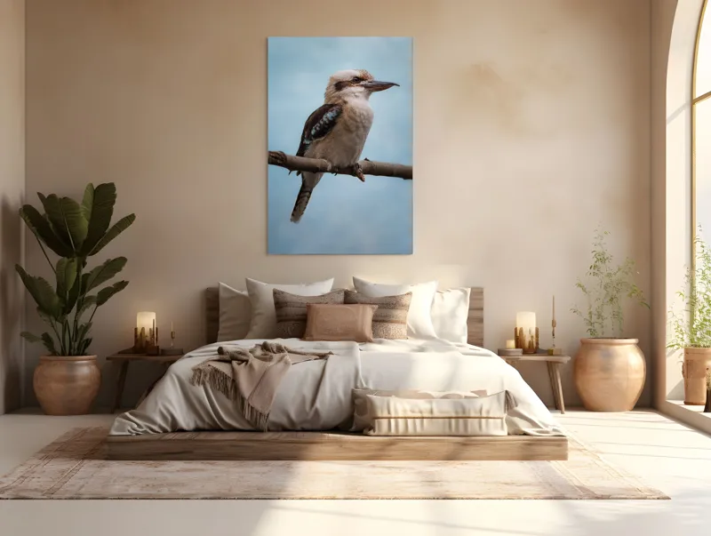 Tablou Canvas, "Pasărea râzătoare pe ramura destinului", Pasăre, Creangă, Cioc, Penaj, Albastru, Ochii, Cer, Natural, Frumos, Eleganță, 100 x 150 cm – poza 3