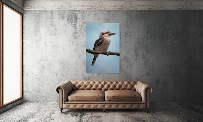 Tablou Canvas, "Pasărea râzătoare pe ramura destinului", Pasăre, Creangă, Cioc, Penaj, Albastru, Ochii, Cer, Natural, Frumos, Eleganță, 100 x 150 cm – poza 6