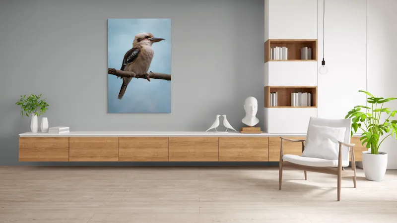 Tablou Canvas, "Pasărea râzătoare pe ramura destinului", Pasăre, Creangă, Cioc, Penaj, Albastru, Ochii, Cer, Natural, Frumos, Eleganță, 100 x 150 cm – poza 8