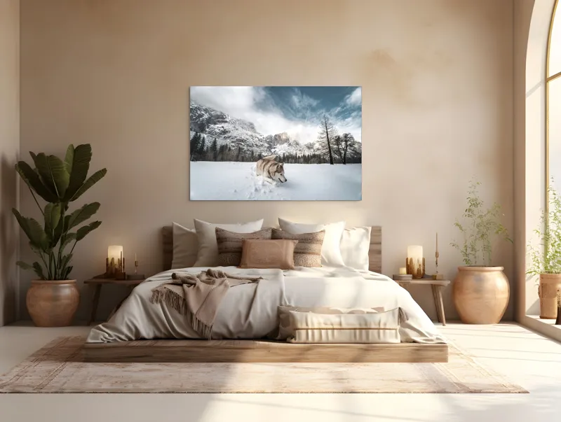 Tablou Canvas, "Husky explorând peisajul montan de iarnă", Munți, Zăpadă, Husky, Norii, Iarnă, Peisaj, Arbori, Cer, Aventură, Frig., 150 x 100 cm – poza 4