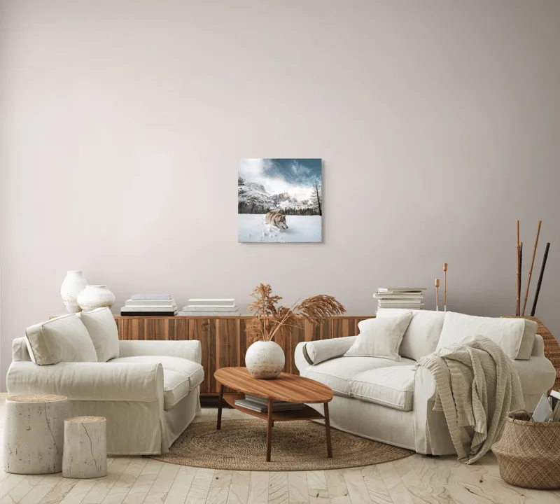 Tablou Canvas, "Husky explorând peisajul montan de iarnă", Munți, Zăpadă, Husky, Norii, Iarnă, Peisaj, Arbori, Cer, Aventură, Frig., 50 x 50 cm – poza 7