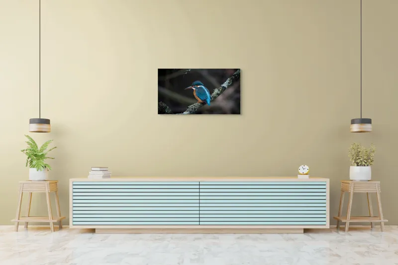 Tablou Canvas, "Pescăraș albastru pe ramură muscată", Pene, Albastru, Pasăre, Culoare, Ramură, Plasă, Natură, 90 x 50 cm – poza 5