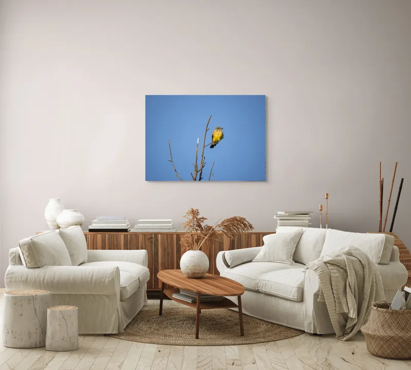 Tablou Canvas, "Pasărea solitară pe cerul senin", Pasăre, Ramură, Cer, Albastru, Zbor, Natură, Liniște, Frumusețe., 100 x 70 cm – poza 3
