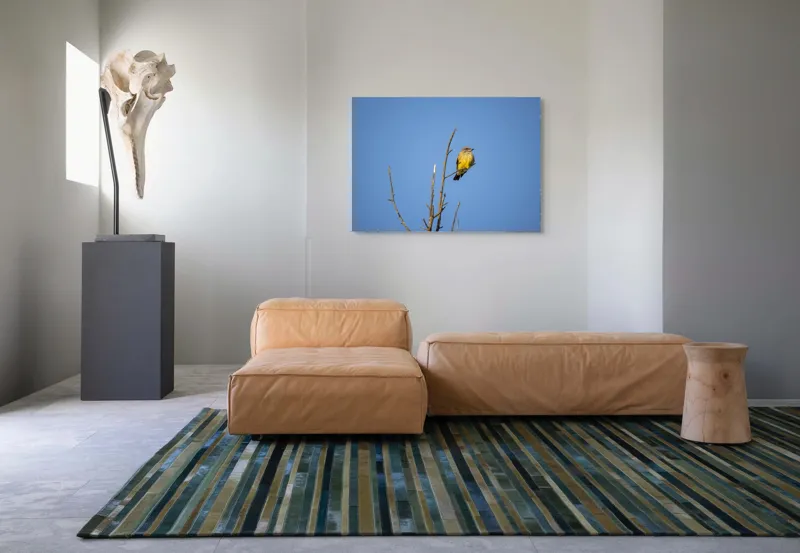 Tablou Canvas, "Pasărea solitară pe cerul senin", Pasăre, Ramură, Cer, Albastru, Zbor, Natură, Liniște, Frumusețe., 100 x 70 cm – poza 7