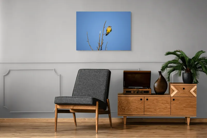 Tablou Canvas, "Pasărea solitară pe cerul senin", Pasăre, Ramură, Cer, Albastru, Zbor, Natură, Liniște, Frumusețe., 100 x 70 cm – poza 8