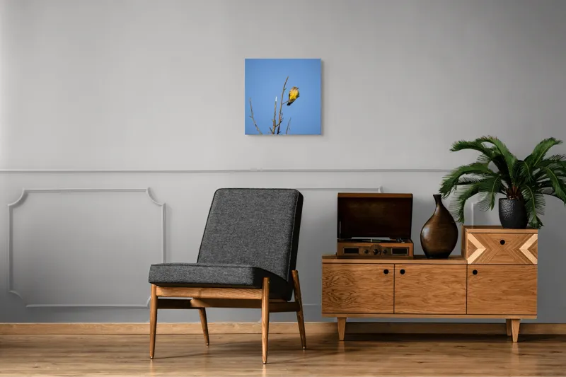 Tablou Canvas, "Pasărea solitară pe cerul senin", Pasăre, Ramură, Cer, Albastru, Zbor, Natură, Liniște, Frumusețe., 50 x 50 cm – poza 6