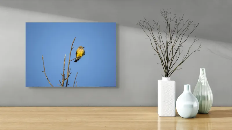 Tablou Canvas, "Pasărea solitară pe cerul senin", Pasăre, Ramură, Cer, Albastru, Zbor, Natură, Liniște, Frumusețe., 54 x 39 cm – poza 3